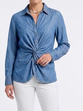 SOHO JEANS Lyocell Long Sleeve Blue Denim 1/2 Button-Down Twist Shirt